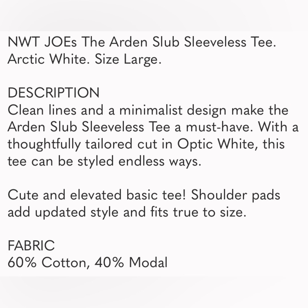 NWT JOEs The Arden Slub Sleeveless Tee White Size Large - Picture 6 of 13